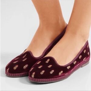 Aquazzura Maroon Velvet Embroidered Golden Pineapple Print loafers